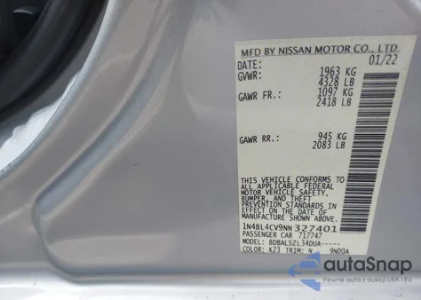 2022 Nissan Altima Sr Fwd из США, поврежденный, VIN 1N4BL4CV9NN327401